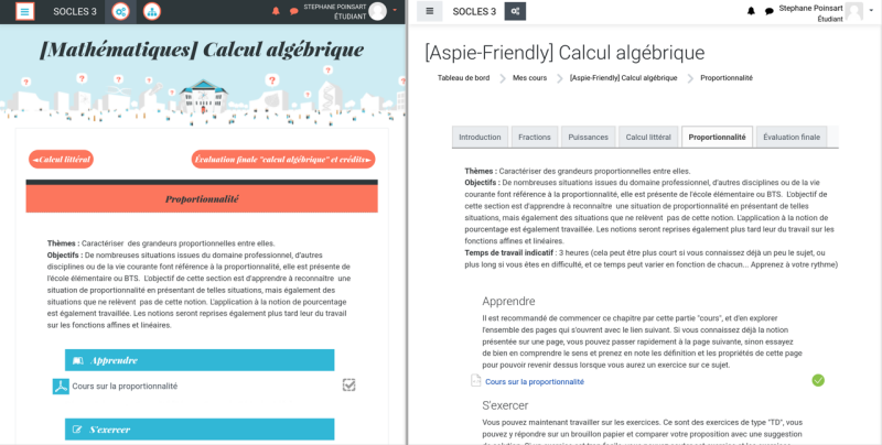 Présentation d'un cours avant et après modification du thème Moodle