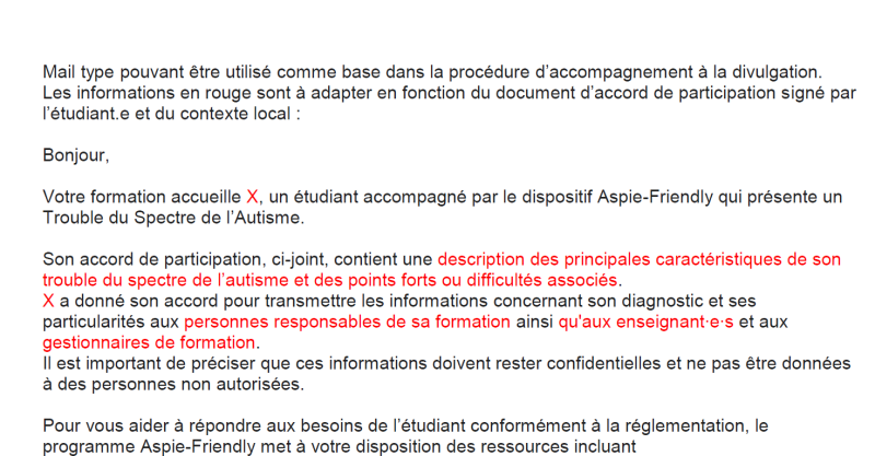 Capture d'écran du Mail type pour les équipes pédagogiques pour les informer de la présence d'un étudiant autiste